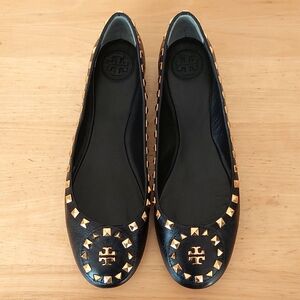 Tory Burch Black Leather Gold Studded Flats